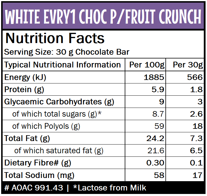 Caring Candies EVRY1 No Added Sugar Choc Bar | WHITE + PASSION FRUIT CRUNCH | 30g