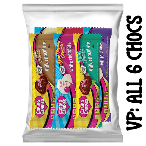 variety pack of 6 assorted sugar-free 50g premium milk and white chocolate bars from Caring Candies. Ideal for those following a diabetic, gluten-free, sugar-free, keto, banting, and low carb lifestyle diet