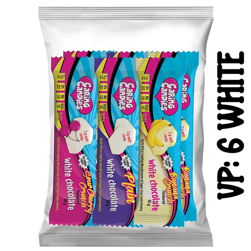variety pack of 6 assorted sugar-free 50g premium white chocolate bars from Caring Candies. Ideal for those following a diabetic, gluten-free, sugar-free, keto, banting, and low carb lifestyle diet