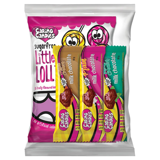 Variety Gift Pack of sugarfree caring candies lollipops plus 3 50g premium milk chocolates for diabetics
