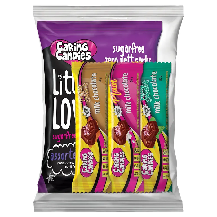 Variety Gift Pack of sugarfree caring candies little lovies sweets and 3 assorted premium 50g milk chocolate bars for diabetics