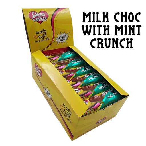 bulk shipper carton showing 30x50g premium sugarfree milk chocolate bars with peppermint flavoured candy crunch  by caring candies