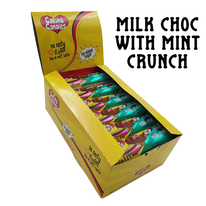 bulk shipper carton showing 30x50g premium sugarfree milk chocolate bars with peppermint flavoured candy crunch  by caring candies