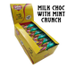 bulk shipper carton showing 30x50g premium sugarfree milk chocolate bars with peppermint flavoured candy crunch  by caring candies