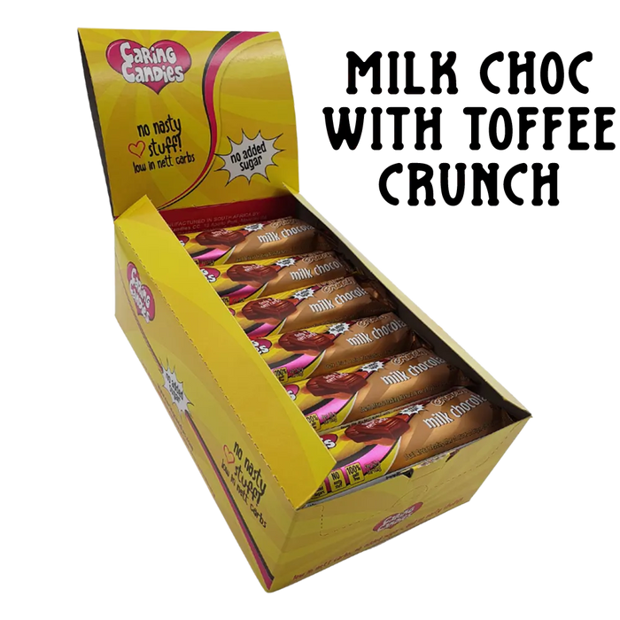 bulk shipper carton showing 30x50g premium sugarfree milk chocolate bars with toffee flavoured candy crunch  by caring candies