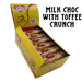 bulk shipper carton showing 30x50g premium sugarfree milk chocolate bars with toffee flavoured candy crunch  by caring candies