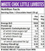 Nutritional information for caring candies sugar free white chocolate little luvbites showing energy, carbohydrates, fat, fibre and sodium