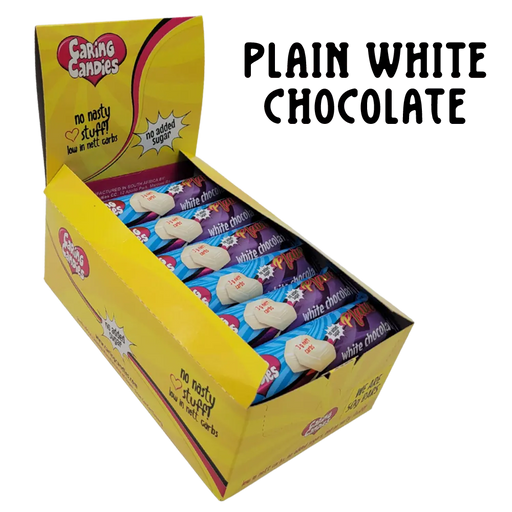 bulk shipper carton showing 30x50g premium sugarfree white chocolate bars by caring candies