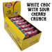 bulk shipper carton showing 30x50g premium sugarfree white chocolate bars with sour cherry candy crunch  by caring candies