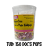 Clear plastic tub of sugarfree Doc's Pops Lollipops with a colorful label on a white background.