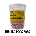 Clear plastic tub of sugarfree Doc's Pops Lollipops with a colorful label on a white background.