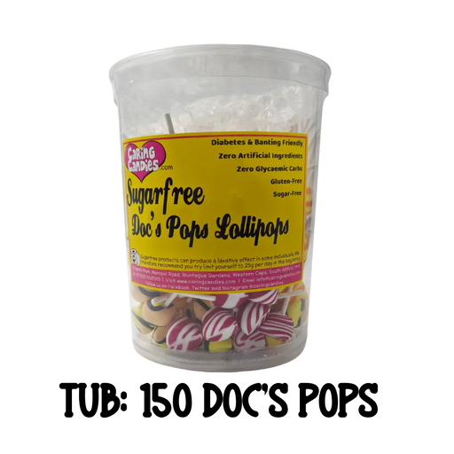 Clear plastic tub of sugarfree Doc's Pops Lollipops with a colorful label on a white background.