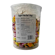 Clear container of colorful sugarfree lollipops with a label on a white background