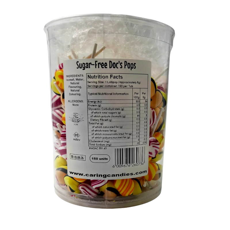 Clear container of colorful sugarfree lollipops with a label on a white background