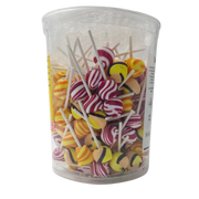 Clear container filled with colorful sugarfree lollipops on sticks against a white background
