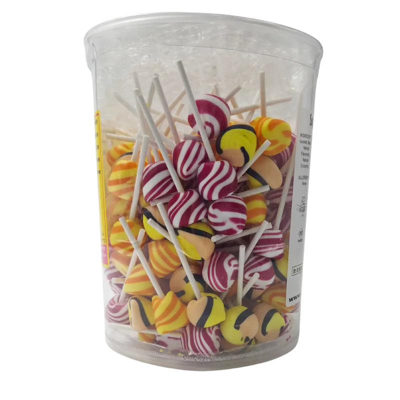 Clear container filled with colorful sugarfree lollipops on sticks against a white background