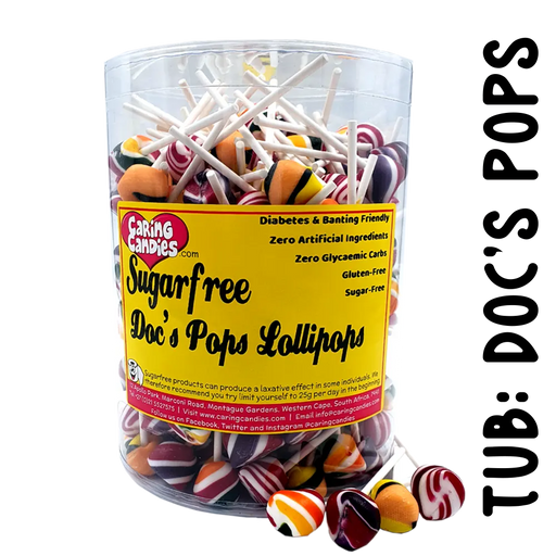 Tub of 200 sugar-free lollipops by caring candies