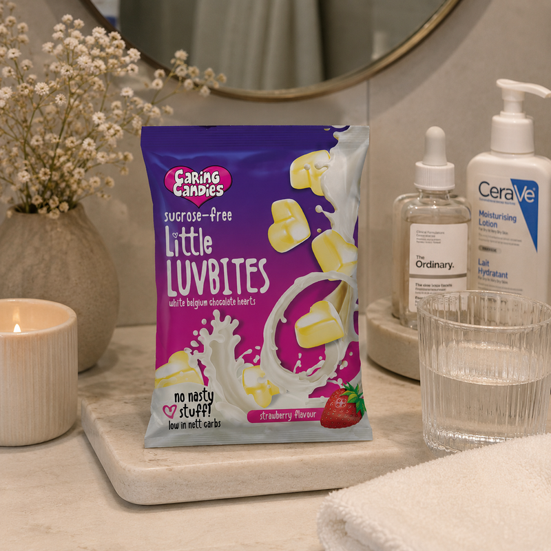 Caring Candies Little LuvBites No Added Sugar White Choc Hearts | STRAWBERRY | 100g