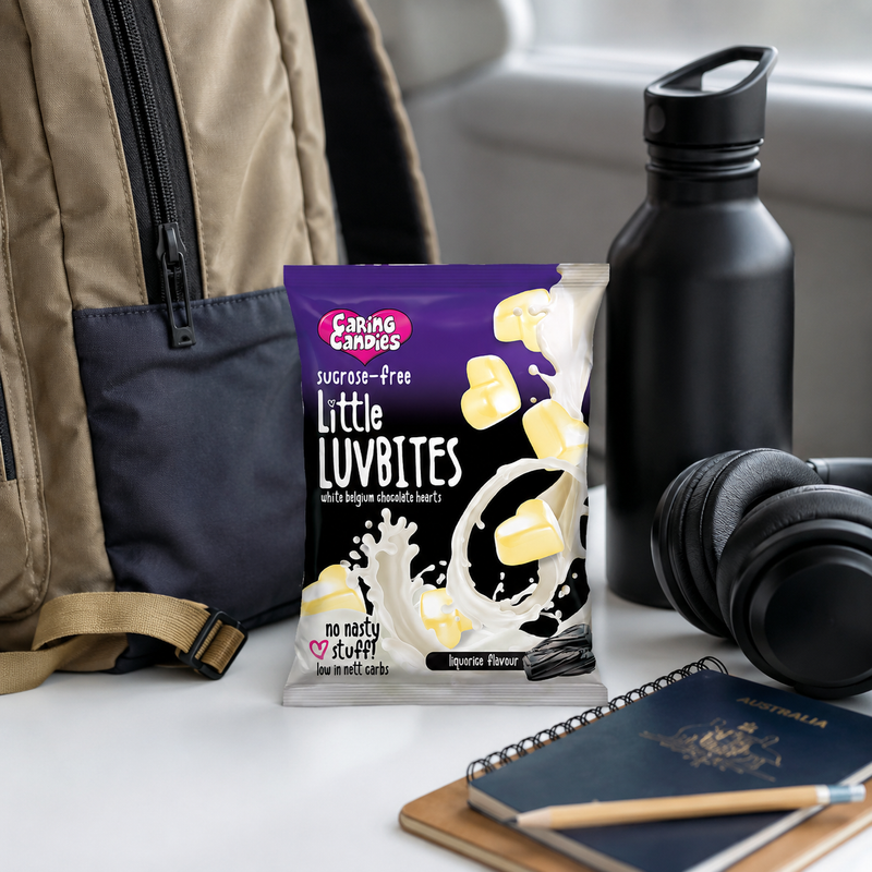 Caring Candies Little LuvBites No Added Sugar White Choc Hearts | LIQUORICE | 12x100g Shipper