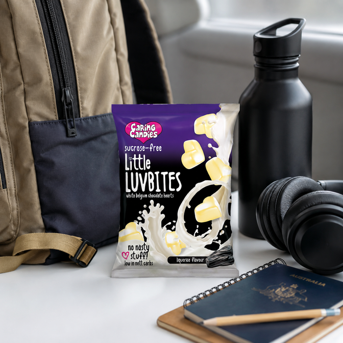 Little LuvBites No Added Sugar White Choc Hearts | LIQUORICE | 12x100g Shipper