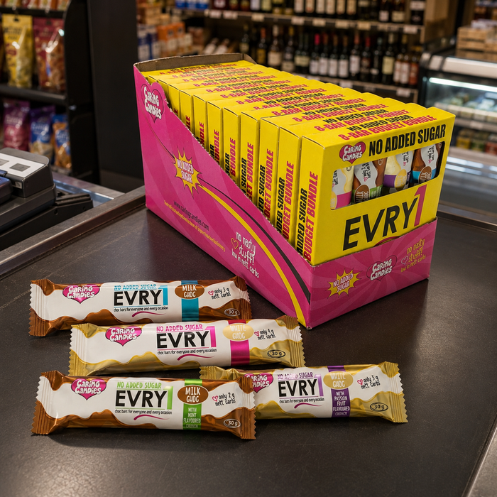 Caring Candies EVRY1 No Added Sugar Choc Bar | ASSORTED | 12x240g Shipper
