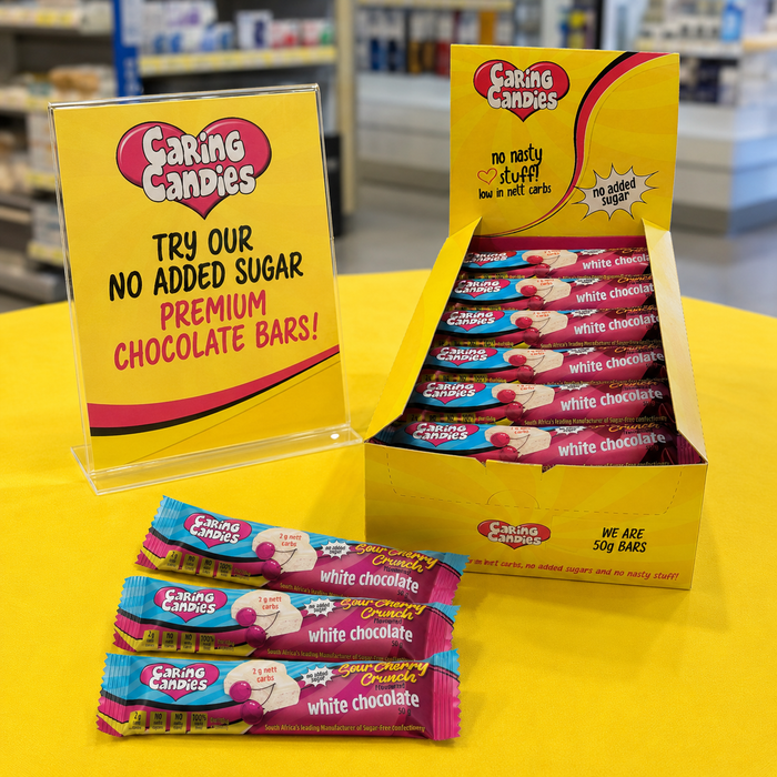 Caring Candies No Added Sugar Chocolate | WHITE + SOUR CHERRY CRUNCH | 30x50g Shipper