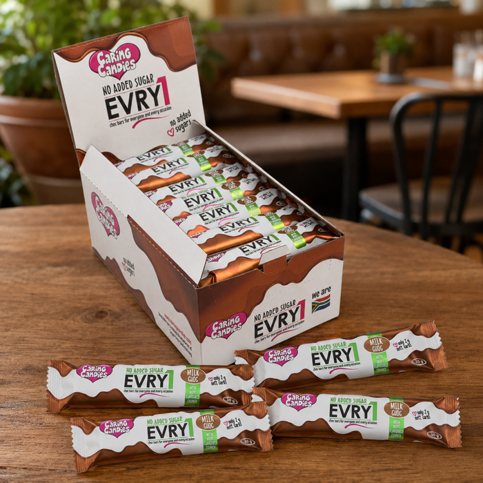 Caring Candies EVRY1 No Added Sugar Choc Bar | MILK + MINT CRUNCH | 48x30g Shipper