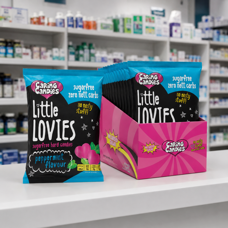 Caring Candies Sugarfree Peppermint Flavoured Little Lovies Sweets packaging on a pharmacy counter