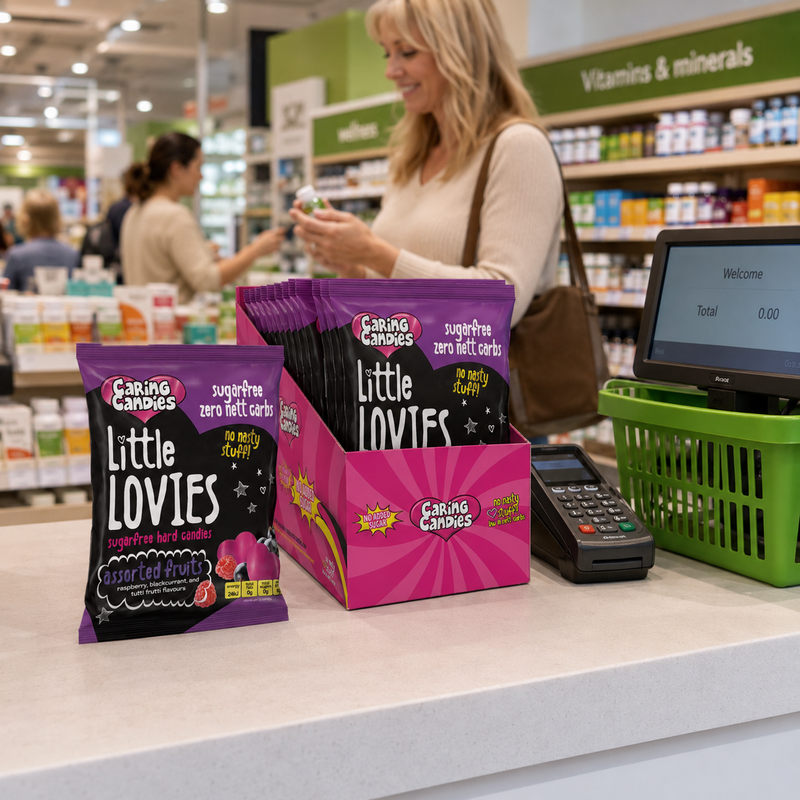 Caring Candies Sugarfree Assorted fruit Flavoured Little Lovies Sweets packaging on a store checkout counter 