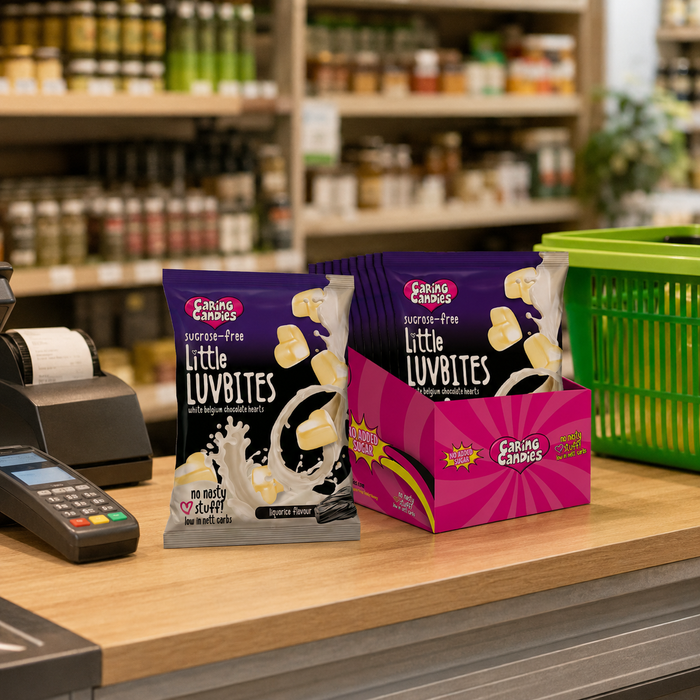 Caring Candies No-Added-Sugar Liquorice Little Luvbites packaging on a store checkout counter with a green basket and cash register.