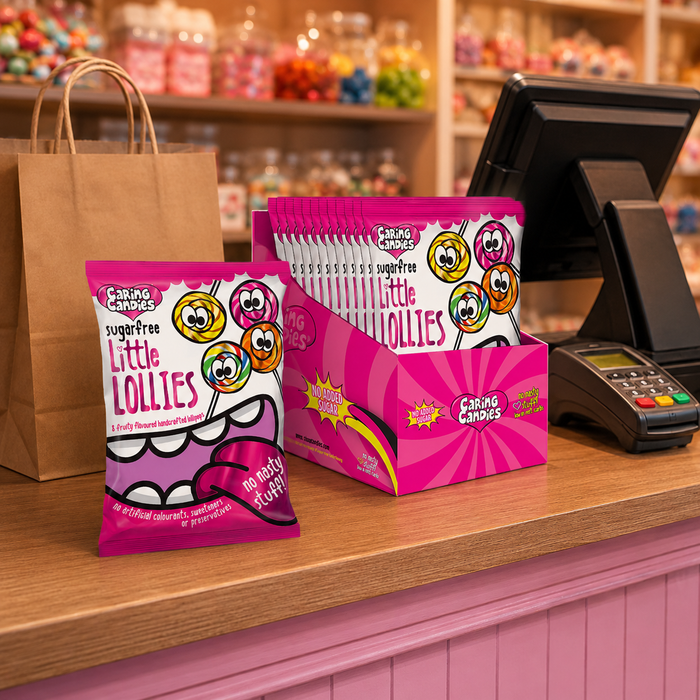 Caring candies Little Lollies packaging on a store counter with a cash register.