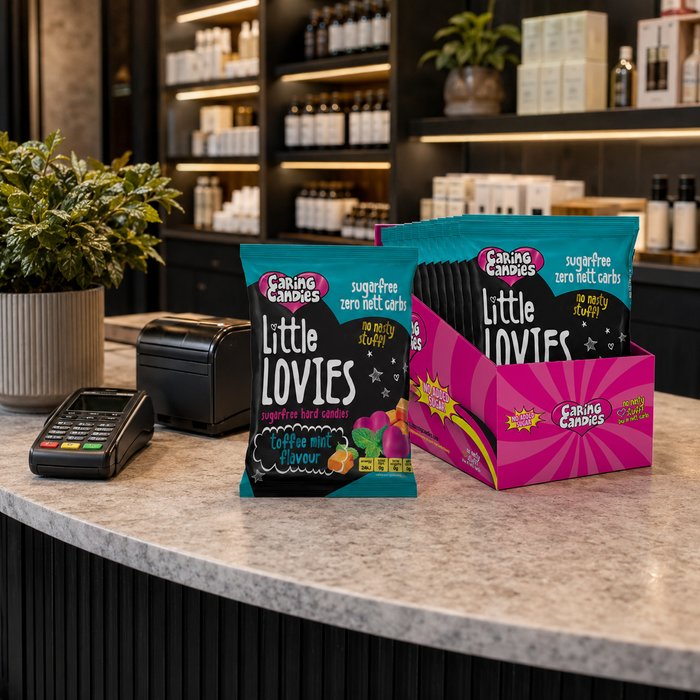 Caring Candies Sugarfree Toffee Mint Flavoured Little Lovies Sweets packaging on a store checkout counter 