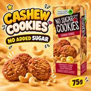 Wholesome Harvest No Added Sugar Cashew Cookies 75g box with golden butter cookies and whole cashew nuts on a warm golden background.
