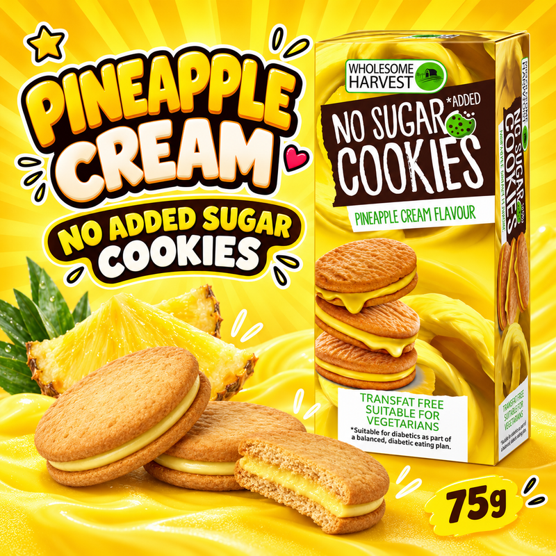 Wholesome Harvest No Added Sugar Pineapple Cream Cookies 75g box with golden sandwich cookies and fresh pineapple on a bright yellow background.