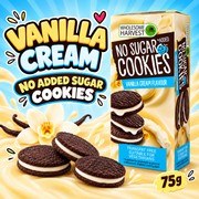 Wholesome Harvest No Added Sugar Vanilla Cream Cookies 75g box with chocolate sandwich cookies, vanilla flower and pods on a creamy vanilla background.