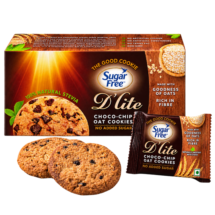Sugar Free D Lite Choco-Chip Oat Cookies packaging set on a white background, featuring a large brown box, a single packet, and three cookies in front.