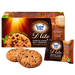 Sugar Free D Lite Choco-Chip Oat Cookies packaging set on a white background, featuring a large brown box, a single packet, and three cookies in front.