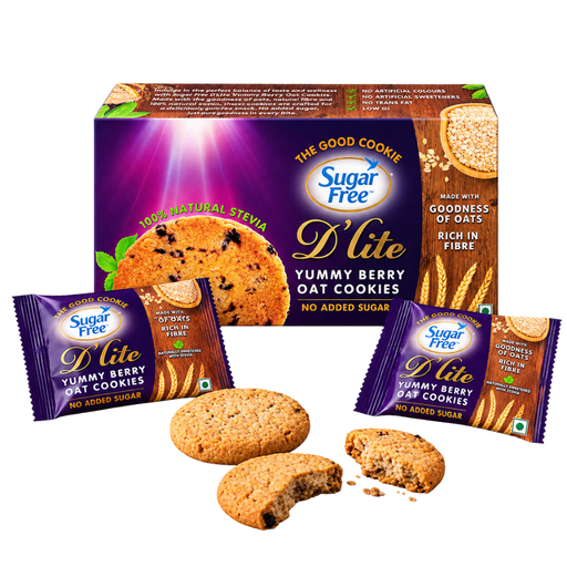 Sugar Free D Lite Yummy Berry Oat Cookies shown with a large retail box, two individually wrapped cookies, and three loose cookies in front on a plain white background.
