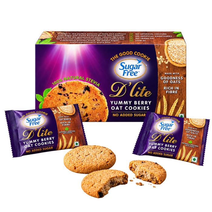 Sugar Free D Lite Yummy Berry Oat Cookies shown with a large retail box, two individually wrapped cookies, and three loose cookies in front on a plain white background.