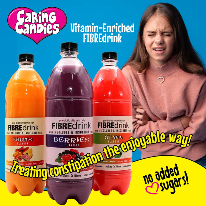 Three bottles of high Fibre Drink with a woman showing tummy discomfort on a blue and yellow background.