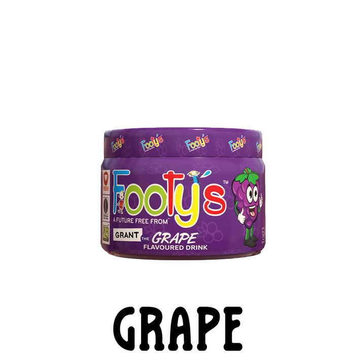 170g tub of Footy's natural grape flavouring powder. Ideal for adding to water, jelly, yoghurt, or ice cream.  Free from artificial colourants, sweeteners, and preservatives. Perfect for diabetics and kids of all ages
