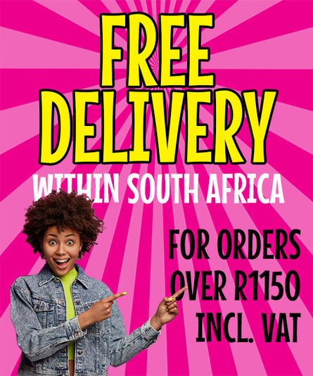 Promotional poster with a person pointing at text about free delivery in South Africa on a pink background.