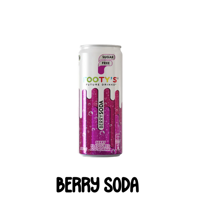 A can of Footy's Sugar free Soda in Berry Blast flavor, with branding and graphics indicating it's free from sugar, gluten, and artificial colours and flavours.