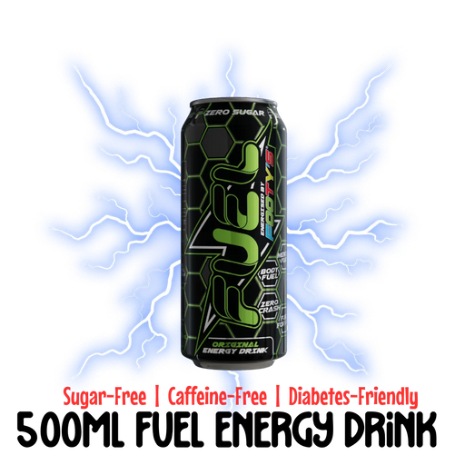can of 500ml footy's fuel energy drink with "sugarfree, caffeine free, diabetes-friendly" promotional text 