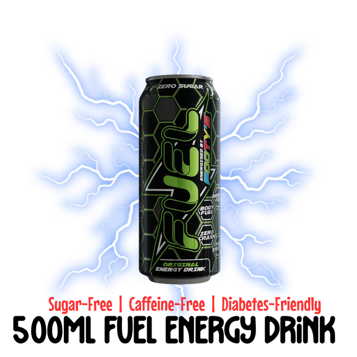 can of 500ml footy's fuel energy drink with "sugarfree, caffeine free, diabetes-friendly" promotional text 