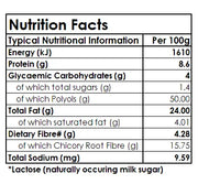 Nutrition facts label for Sugar free ALMOND BRITTLE by Forest Fairies | Banting, Dairyfree, Glutenfree, Halaal, Keto, Low Carb, Diabetics, Vegan
