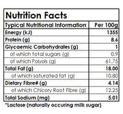 Nutrition facts label for Forest Fairies Zero sugarfree dark Chocolate Honeycomb on a clear background