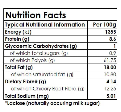 Nutrition facts label for Forest Fairies Zero sugarfree dark Chocolate Honeycomb on a clear background