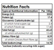 Nutrition facts label for Forest Fairies Zero Sugarfree Dark Chocolate Peanuts 