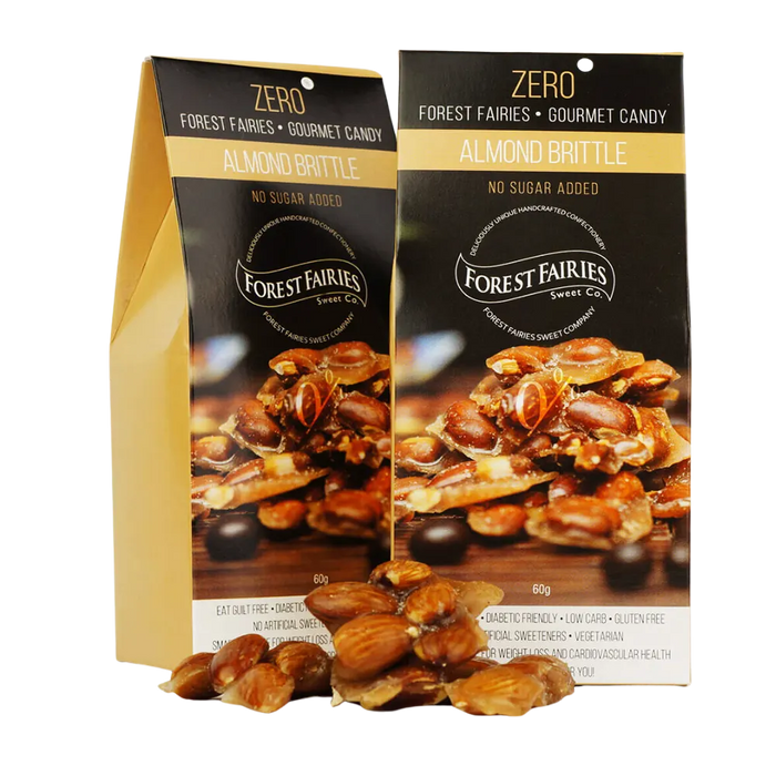 two packets of Sugar free ALMOND BRITTLE by Forest Fairies | Banting, Dairyfree, Glutenfree, Halaal, Keto, Low Carb, Diabetics, Vegan